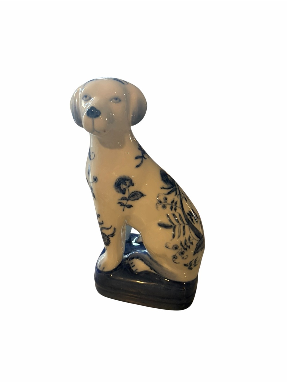Wong Lee Blue and White Ceramic Dog Chinoiserie Floral Figurine Statue